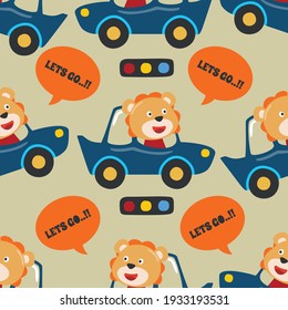 Seamless pattern texture with funny lion driving car in the road with village landscape. For fabric textile, nursery, baby clothes, background, textile, wrapping paper and other decoration.