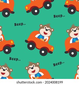 Seamless pattern texture with funny monkey driving car in the road on sunny day. For fabric textile, nursery, baby clothes, background, textile, wrapping paper and other decoration.