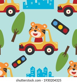 Seamless pattern texture with funny tiger driving car in the road on sunny day. For fabric textile, nursery, baby clothes, background, textile, wrapping paper and other decoration.