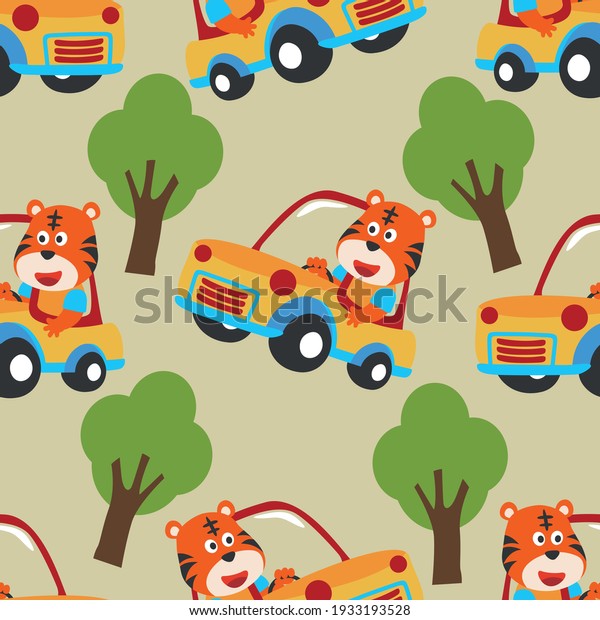 Seamless pattern texture with funny tiger\
driving car in the road with village landscape. For fabric textile,\
nursery, baby clothes, background, textile, wrapping paper and\
other decoration.