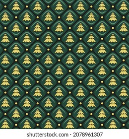 Seamless pattern with a texture of green leather upholstery and a gold Christmas tree. New Year vector background.
