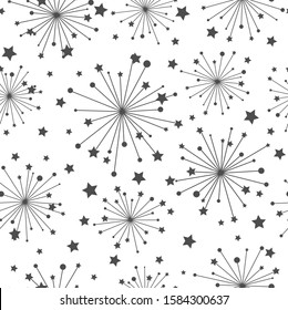 Seamless pattern texture with grey abstract star constellations. White background. vector illustration with firework flash. Perfect for printing on fabric, paper or wrapping