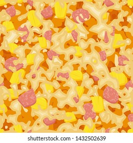 Seamless pattern with texture of hawaiian pizza with ham and pineapple. Pizza menu. For packaging, advertisements, menu. Vector illustration. Realistic.