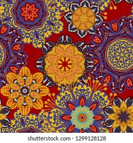 Seamless pattern texture. Indian, arabic, turkish style elements. Vintage vector card. Hand drawn doodle illustration. Floral pattern. Chaotic elements arranged in a seamless pattern.