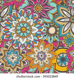 Seamless pattern texture. Indian, arabic, turkish style elements. Vintage vector card. Hand drawn doodle illustration. Floral pattern.