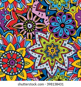 Seamless pattern texture. Indian, arabic, turkish style elements. Vintage vector card. Hand drawn doodle illustration. Floral pattern.