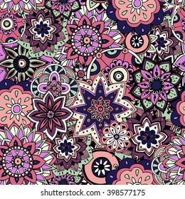 Seamless pattern texture. Indian, arabic, turkish style elements. Vintage vector card. Hand drawn doodle illustration. Floral pattern.