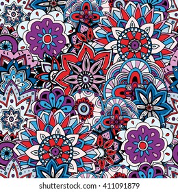 Seamless pattern texture. Indian, arabic, turkish style elements. Vintage vector card. Hand drawn doodle illustration. Floral pattern.