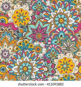 Seamless pattern texture. Indian, arabic, turkish style elements. Vintage vector card. Hand drawn doodle illustration. Floral pattern.