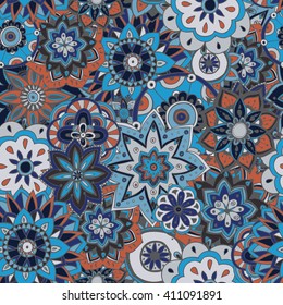Seamless pattern texture. Indian, arabic, turkish style elements. Vintage vector card. Hand drawn doodle illustration. Floral pattern.