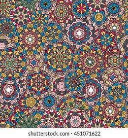 Seamless pattern texture. Indian, arabic, turkish style elements. Vintage vector card. Hand drawn doodle illustration. Floral pattern. Bright blue pink orange yellow with black outline.