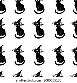 Seamless pattern texture with isolated cute black magical cat wearing witch hat with white lace. Pet of magician, witchcraft black and white artwork. Vector EPS 10