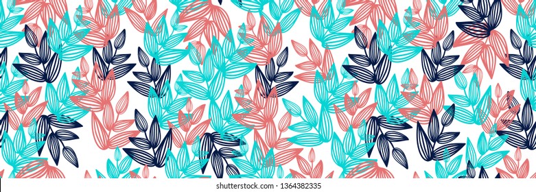 Seamless pattern texture of leaves illusion, print for paper or fabric from lines. Natural simple fashion fabric print.  Beautiful colors live coral and turquoise.  Floral stylish background.