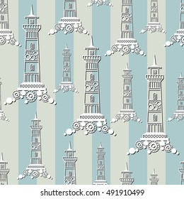 Seamless pattern (texture) with lighthouse (beacon, pharos). Sailor infinite background. Suitable for design: cloth, web, wallpaper, wrapping. Vector illustration.