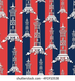 Seamless pattern (texture) with lighthouse (beacon, pharos). Sailor infinite background. Suitable for design: cloth, web, wallpaper, wrapping. Vector illustration.