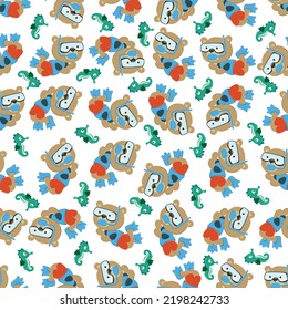 Seamless pattern texture with little bear swim in underwater. For fabric textile, nursery, baby clothes, background, textile, wrapping paper and other decoration.