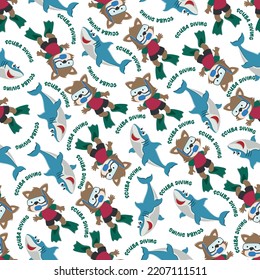 Seamless pattern texture with little bear and shark swim in underwater. For fabric textile, nursery, baby clothes, background, textile, wrapping paper and other decoration.