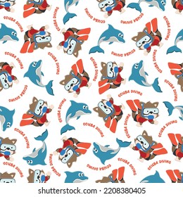 Seamless pattern texture with little bear and dolphine swim in underwater. For fabric textile, nursery, baby clothes, background, textile, wrapping paper and other decoration.