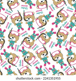 Seamless pattern texture with little bear swim in underwater. For fabric textile, nursery, baby clothes, background, textile, wrapping paper and other decoration.