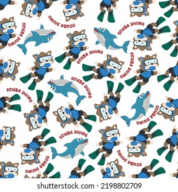 Seamless pattern texture with little fox swim in underwater. For fabric textile, nursery, baby clothes, background, textile, wrapping paper and other decoration.