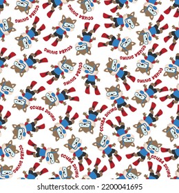 Seamless pattern texture with little fox swim in underwater. For fabric textile, nursery, baby clothes, background, textile, wrapping paper and other decoration.