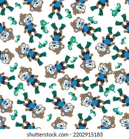 Seamless pattern texture with little fox swim in underwater. For fabric textile, nursery, baby clothes, background, textile, wrapping paper and other decoration.