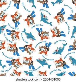 Seamless pattern texture with little fox swim in underwater. For fabric textile, nursery, baby clothes, background, textile, wrapping paper and other decoration.
