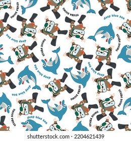 Seamless pattern texture with little fox swim in underwater. For fabric textile, nursery, baby clothes, background, textile, wrapping paper and other decoration.
