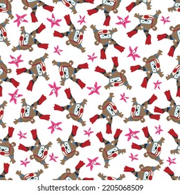 Seamless pattern texture with little fox swim in underwater. For fabric textile, nursery, baby clothes, background, textile, wrapping paper and other decoration.