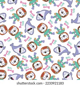 Seamless pattern texture with little lion and shark swim in underwater. For fabric textile, nursery, baby clothes, background, textile, wrapping paper and other decoration.