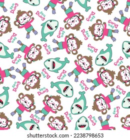 Seamless pattern texture with little monkey and shark swim in underwater. For fabric textile, nursery, baby clothes, background, textile, wrapping paper and other decoration.