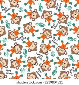 Seamless pattern texture with little monkey and shark swim in underwater. For fabric textile, nursery, baby clothes, background, textile, wrapping paper and other decoration.