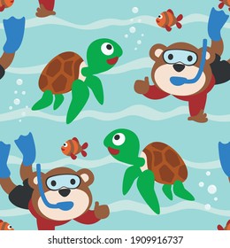 Seamless pattern texture with little turtle and monkey are swim in  underwater. For fabric textile, nursery, baby clothes, background, textile, wrapping paper and other decoration.