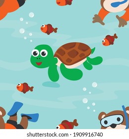 Seamless pattern texture with little turtle and bear are swim in  underwater. For fabric textile, nursery, baby clothes, background, textile, wrapping paper and other decoration.