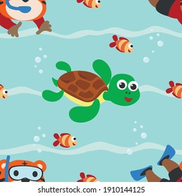 Seamless pattern texture with little turtle and tiger are swim in  underwater. For fabric textile, nursery, baby clothes, background, textile, wrapping paper and other decoration.
