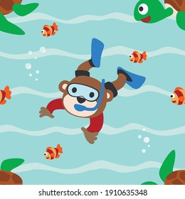 Seamless pattern texture with little turtle and monkey are swim in  underwater. For fabric textile, nursery, baby clothes, background, textile, wrapping paper and other decoration.