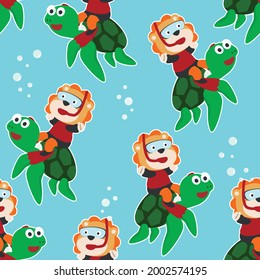 Seamless pattern texture with little turtle and lion are swim in  underwater. For fabric textile, nursery, baby clothes, background, textile, wrapping paper and other decoration.