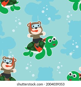 Seamless pattern texture with little turtle and bear are swim in  underwater. For fabric textile, nursery, baby clothes, background, textile, wrapping paper and other decoration.