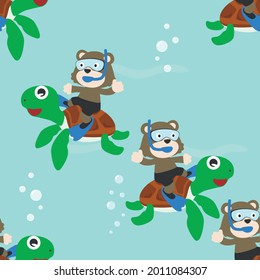 Seamless pattern texture with little turtle and bear are swim in  underwater. For fabric textile, nursery, baby clothes, background, textile, wrapping paper and other decoration.