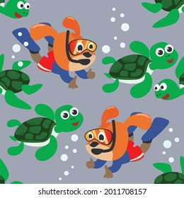 Seamless pattern texture with little turtle and little dog are swim in  underwater. For fabric textile, nursery, baby clothes, background, textile, wrapping paper and other decoration.