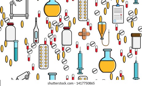Seamless pattern texture of medicine items icons pricks pills pipettes stethoscopes tools doctor flasks capsules cans syringes on a white background flat lay top view. Vector illustration