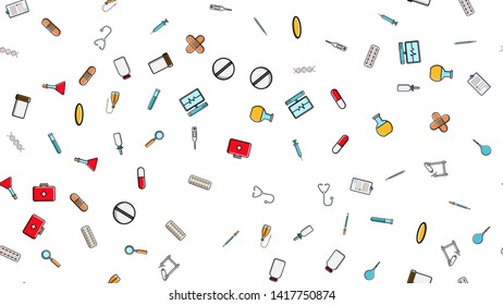 Seamless pattern texture of medicine items icons pricks pills pipettes stethoscopes tools doctor flasks capsules cans syringes on a white background flat lay top view. Vector illustration