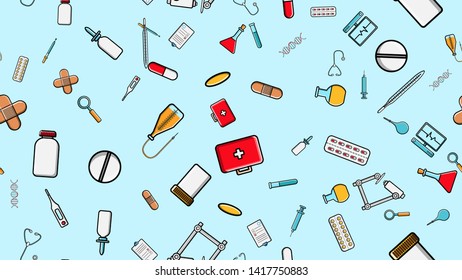 Seamless pattern texture of medicine items icons pricks pills pipettes stethoscopes tools doctor flasks capsules cans syringes on a blue background flat lay top view. Vector illustration