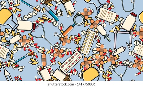 Seamless pattern texture of medicine items icons pricks pills pipettes stethoscopes tools doctor flasks capsules cans syringes on a blue background flat lay top view. Vector illustration