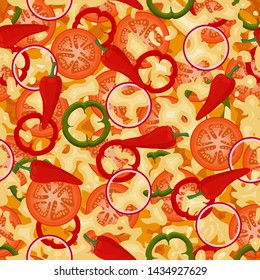 Seamless pattern with texture of mexican pizza with tomatoes, peppers, chilli and onion. Pizza menu. For packaging, advertisements, menu. Vector illustration. Realistic.