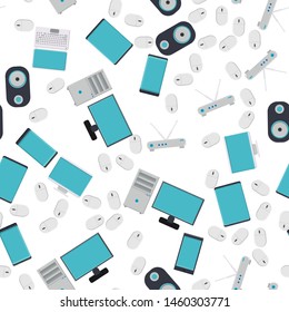 Seamless pattern, texture from modern digital devices, gadgets, tablets, smartphones, mice, speakers, monitors, laptops, routers for internet, computer equipment on a white background. Vector