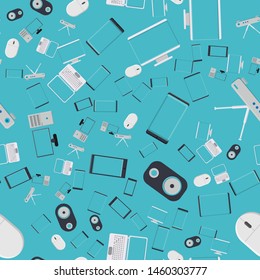 Seamless pattern, texture from modern digital devices, gadgets, tablets, smartphones, mice, speakers, monitors, laptops, routers for internet, computer equipment on a blue background. Vector