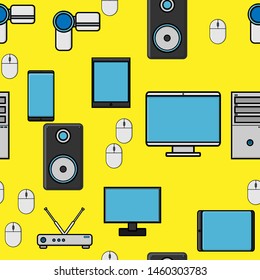 Seamless pattern, texture from modern digital devices, gadgets, tablets, smartphones, mice, speakers, monitors, laptops, routers for internet, computer equipment on a yellow background. Vector