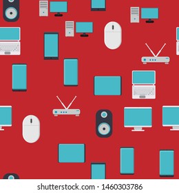 Seamless pattern, texture from modern digital devices, gadgets, tablets, smartphones, mice, speakers, monitors, laptops, routers for internet, computer equipment on a red background. Vector