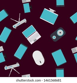 Seamless pattern, texture from modern digital devices, gadgets, tablets, smartphones, mice, speakers, monitors, laptops, routers for internet, computer equipment on a purple background. Vector